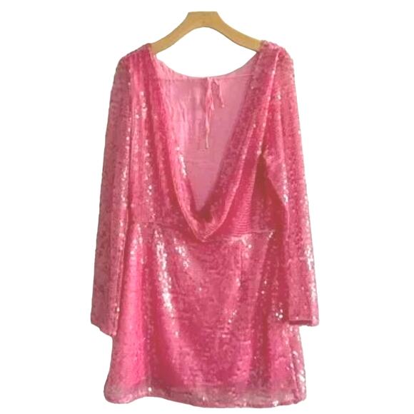 New By Anthropologie Sequin Drape-Back Mini Dress $180 SIZE 14 Pink Long Sleeve - Picture 8 of 9